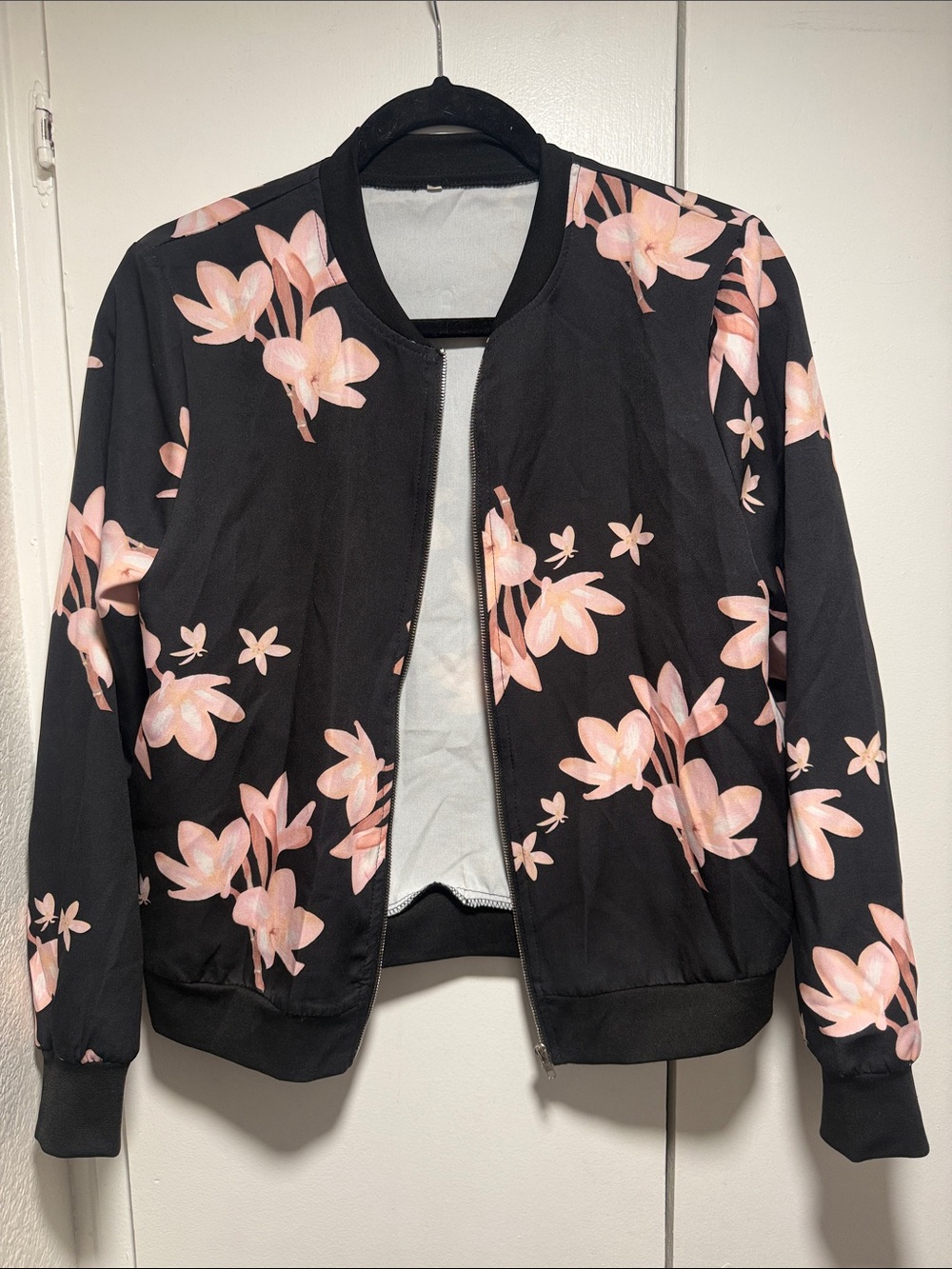 Floral Bomber Jacket - Black with Pink Flowers